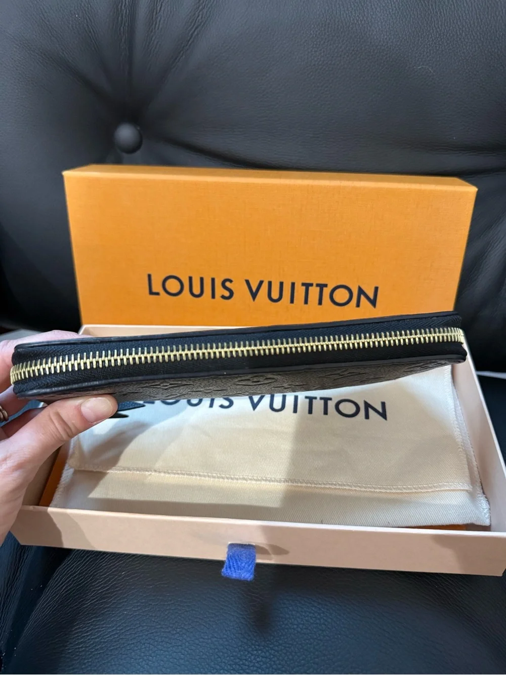 Louis Vuitton Clémence Black Monogram Zip Wallet in Embossed Leather With Box